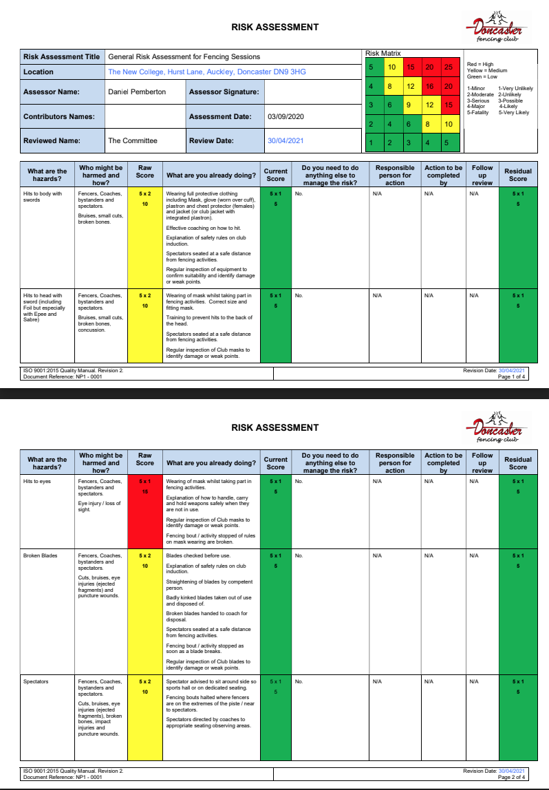 Certificates Doncaster Fencing Club